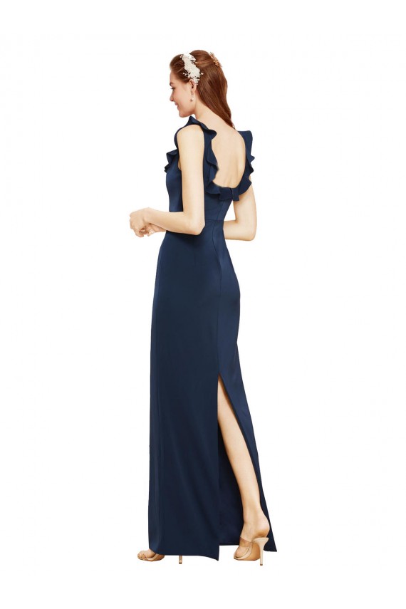 Buy Sleeveless Dark Navy Scoop Neck Low Back Stretch Crepe Sheath Formal Dress UK