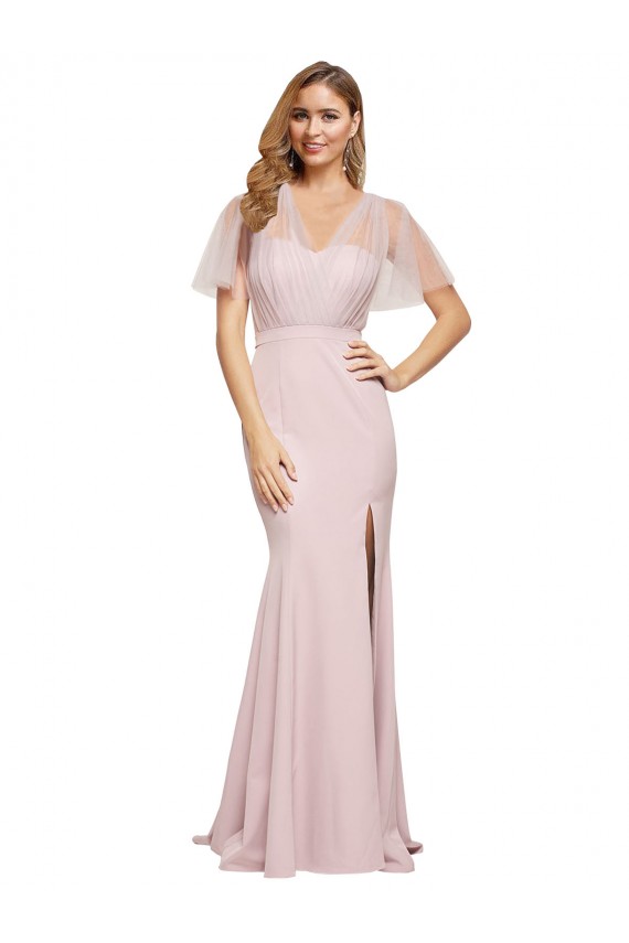 Buy Short Sleeves One Shoulder Low Back Stretch Crepe & Tulle Sheath Formal Dress UK