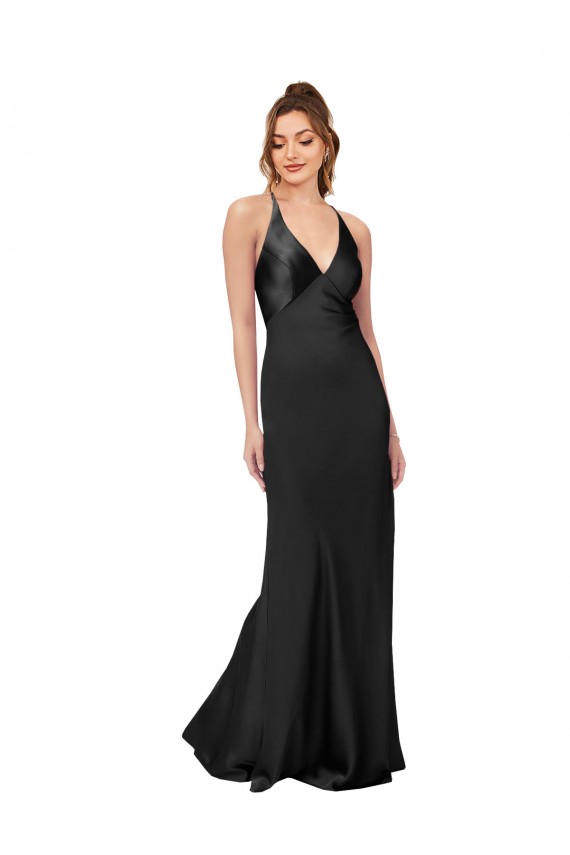 Buy Sleeveless V-Neck Criss Cross Back Silky Satin Sheath Black Tie Formal Dress UK
