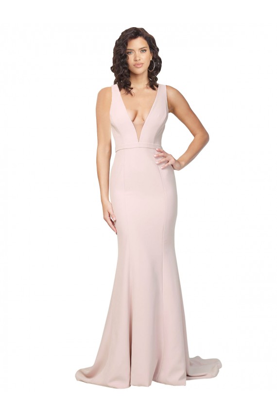 Buy Sleeveless V-Neck V-Back Stretch Crepe Sheath Black Tie Formal Dress UK